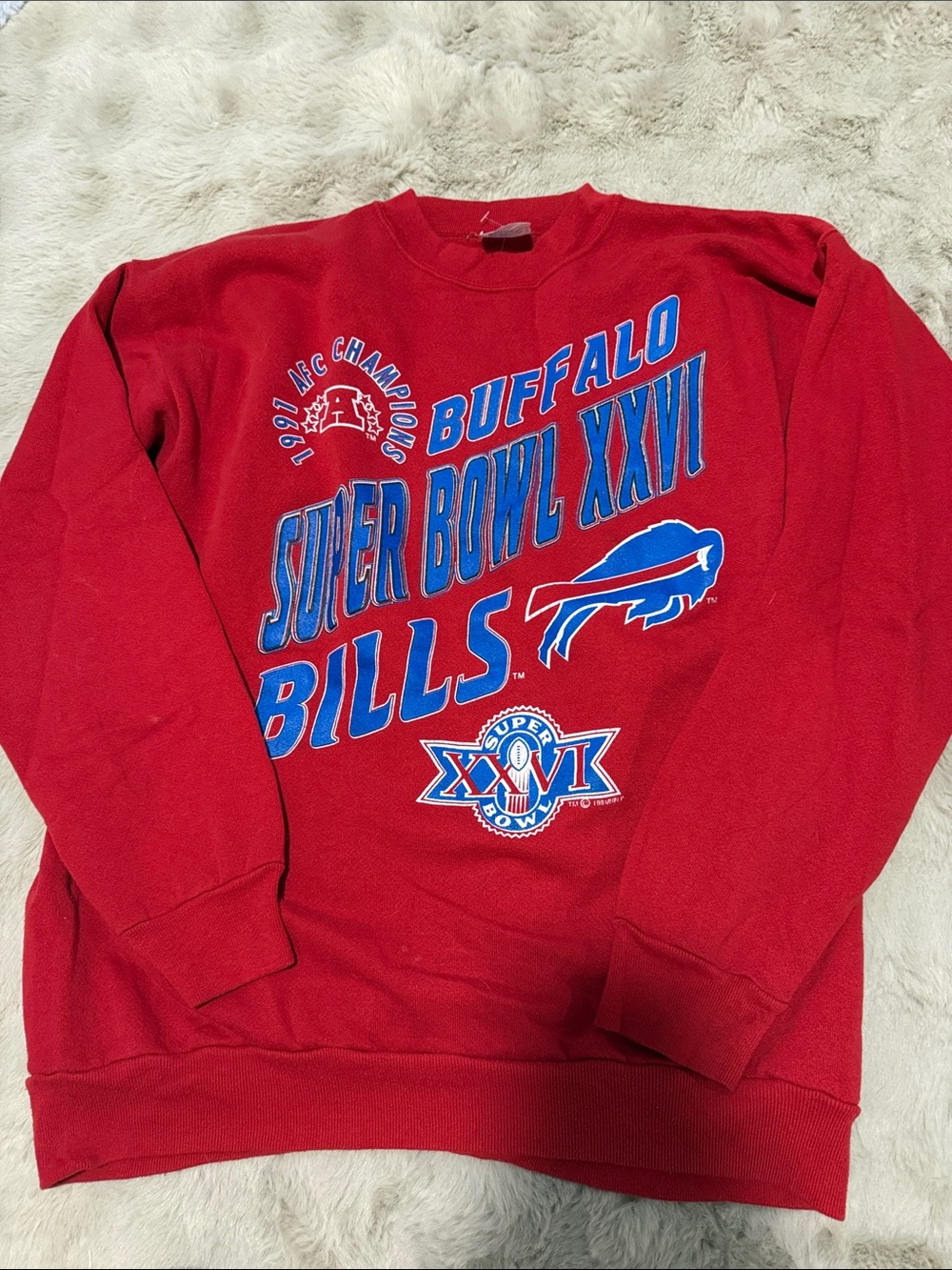 Vintage Buffalo Bills Red Super Bowl Crewneck with tiny bleach stains throughout